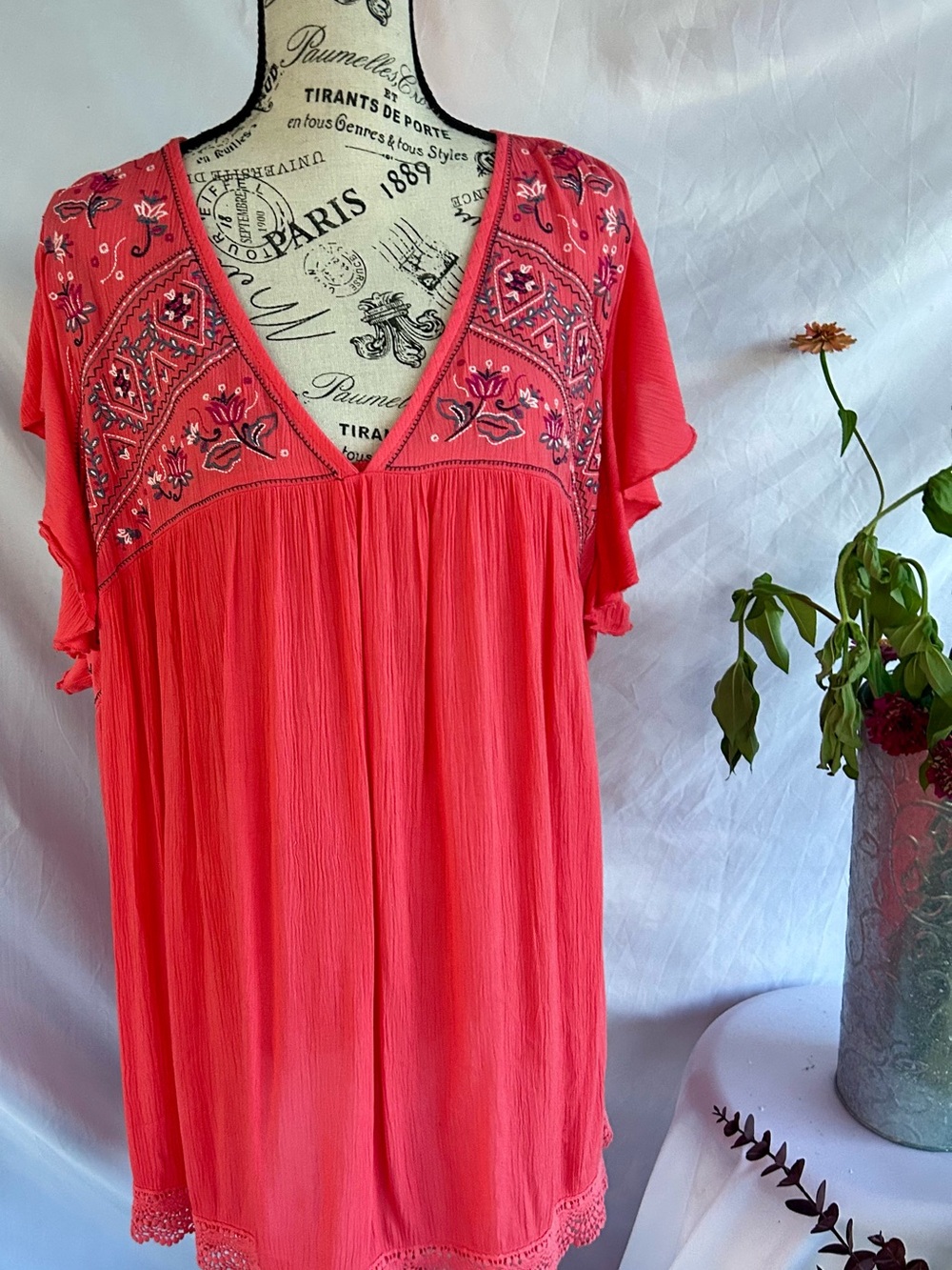 Terra & Sky Coral Embroidered V-Neck Tunic